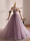 Niulatu A line Straps Tulle Long Lilac Prom Dress HZ1110