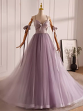 Niulatu A line Straps Tulle Long Lilac Prom Dress HZ1110