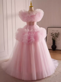 Niulatu Ball Gown Short Sleeves Pink Tulle Sweet 16 Dresses HZ1110