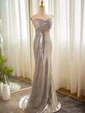 Niulatu Mermaid Strapless Sequin Long Silver Prom Dress HZ1110