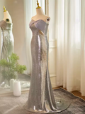 Niulatu Mermaid Strapless Sequin Long Silver Prom Dress HZ1110