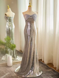 Niulatu Mermaid Strapless Sequin Long Silver Prom Dress HZ1110