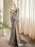 Niulatu Mermaid Off The Shoulder Sequin Long Silver Prom Dress HZ1110