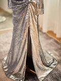 Niulatu Mermaid Off The Shoulder Sequin Long Silver Prom Dress HZ1110