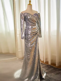 Niulatu Mermaid Off The Shoulder Sequin Long Silver Prom Dress HZ1110