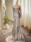 Niulatu Mermaid Off The Shoulder Sequin Long Silver Prom Dress HZ1110
