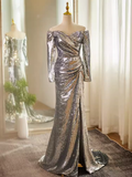 Niulatu Mermaid Off The Shoulder Sequin Long Silver Prom Dress HZ1110