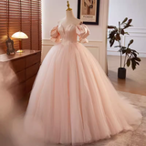 Niulatu Ball Gown Off The Shoulder Blush Pink Tulle Sweet 16 Dresses HZ1110