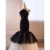 Niulatu Mermaid Halter Long Tulle Black Prom Dress HZ1110