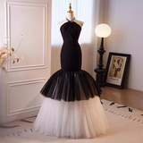 Niulatu Mermaid Halter Long Tulle Black Prom Dress HZ1110