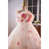 Niulatu Ball Gown Strapless Pink Tulle Florwers Sweet 16 Dresses HZ1110