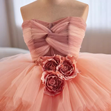 Niulatu Ball Gown Strapless Pink Tulle Ruffles Sweet 16 Dresses HZ1110