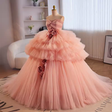 Niulatu Ball Gown Strapless Pink Tulle Ruffles Sweet 16 Dresses HZ1110