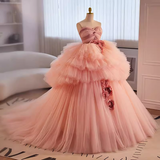 Niulatu Ball Gown Strapless Pink Tulle Ruffles Sweet 16 Dresses HZ1110