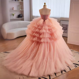 Niulatu Ball Gown Strapless Pink Tulle Ruffles Sweet 16 Dresses HZ1110