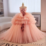 Niulatu Ball Gown Strapless Pink Tulle Ruffles Sweet 16 Dresses HZ1110