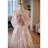 Niulatu A line Strapless Long Tulle Pink Prom Dress HZ1110
