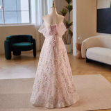 Niulatu A line Strapless Long Tulle Pink Prom Dress HZ1110