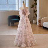 Niulatu A line Strapless Long Tulle Pink Prom Dress HZ1110