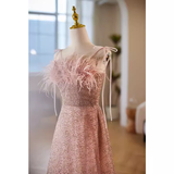 Niulatu A line Straps Long Sequin Pink Prom Dress HZ1110