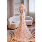 Niulatu Mermaid Off The Shoulder Long Pink Prom Dress HZ1110