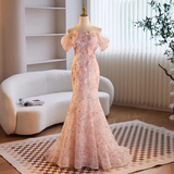 Niulatu Mermaid Off The Shoulder Long Pink Prom Dress HZ1110