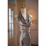 Niulatu Mermaid Halter Sequin Long Silver Prom Dress HZ1110
