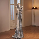 Niulatu Mermaid Halter Sequin Long Silver Prom Dress HZ1110