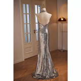 Niulatu Mermaid Halter Sequin Long Silver Prom Dress HZ1110