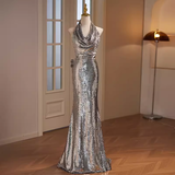 Niulatu Mermaid Halter Sequin Long Silver Prom Dress HZ1110