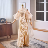 Niulatu A line Strapless Long Champagne Prom Dress HZ1110