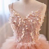 Niulatu Ball Gown Straps Pink Tulle Beads Ruffles Sweet 16 Dresses HZ1110