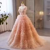 Niulatu Ball Gown Straps Pink Tulle Beads Ruffles Sweet 16 Dresses HZ1110