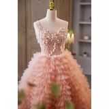 Niulatu Ball Gown Straps Pink Tulle Beads Ruffles Sweet 16 Dresses HZ1110