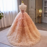 Niulatu Ball Gown Straps Pink Tulle Beads Ruffles Sweet 16 Dresses HZ1110