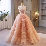 Niulatu Ball Gown Straps Pink Tulle Beads Ruffles Sweet 16 Dresses HZ1110