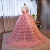 Niulatu Ball Gown Strapless Tulle Ruffles Pink Sweet 16 Dresses HZ1110