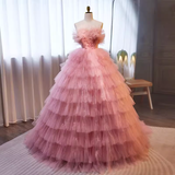 Niulatu Ball Gown Strapless Tulle Ruffles Pink Sweet 16 Dresses HZ1110
