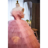 Niulatu Ball Gown Strapless Tulle Ruffles Pink Sweet 16 Dresses HZ1110