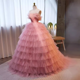 Niulatu Ball Gown Strapless Tulle Ruffles Pink Sweet 16 Dresses HZ1110