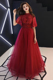 Niulatu Tulle Lace Mid Sleeve Long Prom Dress, Beaded Formal Dress HZ0113