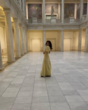 Niulatu Yellow Puff-Sleeve V-Neck Satin Mermaid Prom Dress Evening Dress HZ1007