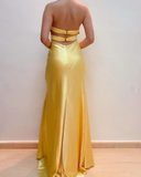 Niulatu Yellow Halter Satin Beaded Prom Dress Slit Mermaid Party Evening Dress HZ1007