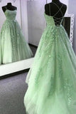 Niulatu A-Line Spaghetti Straps Lace Green Backless Long Prom Dress HZ1110