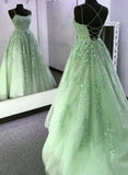 Niulatu A-Line Spaghetti Straps Lace Green Backless Long Prom Dress HZ1110