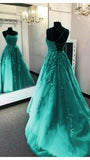 Niulatu A-Line Spaghetti Straps Lace Green Backless Long Prom Dress HZ1110