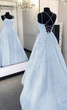 Niulatu A-Line Spaghetti Straps Lace Light Sky Blue Backless Long Prom Dress HZ1110