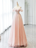 Niulatu Off Shoulder Tulle Beads Pink Long Prom Dress HZ1110