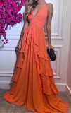 Niulatu Deep V Neck Evening Dress Spaghetti Strap Sleeveless Backless Party Gown Tiered Pleated Floor Length HZ1007
