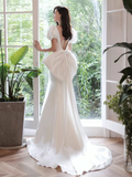 Niulatu Puff Sleeves Satin Mermaid White Long Prom Dress HZ1110